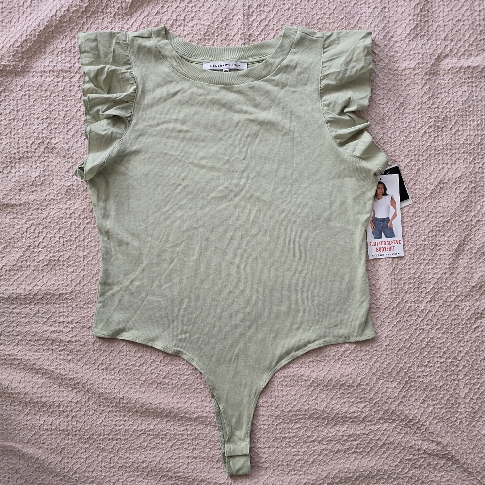 Celebrity Pink Women's Cotton Light Green Flutter Sleeve Bodysuit size XXXL
